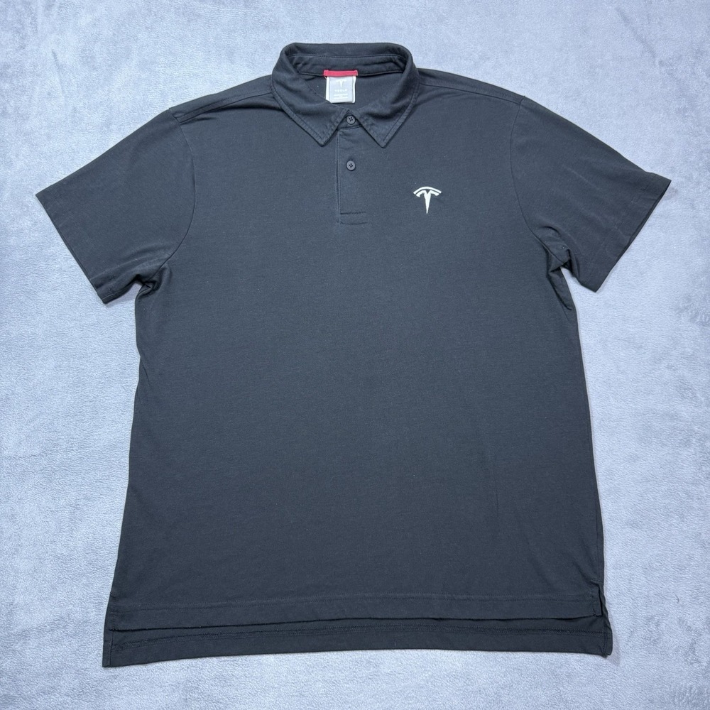 Tesla Polo Shirt Mens L Black Performance Stretch Featherweight Chest Logo USA